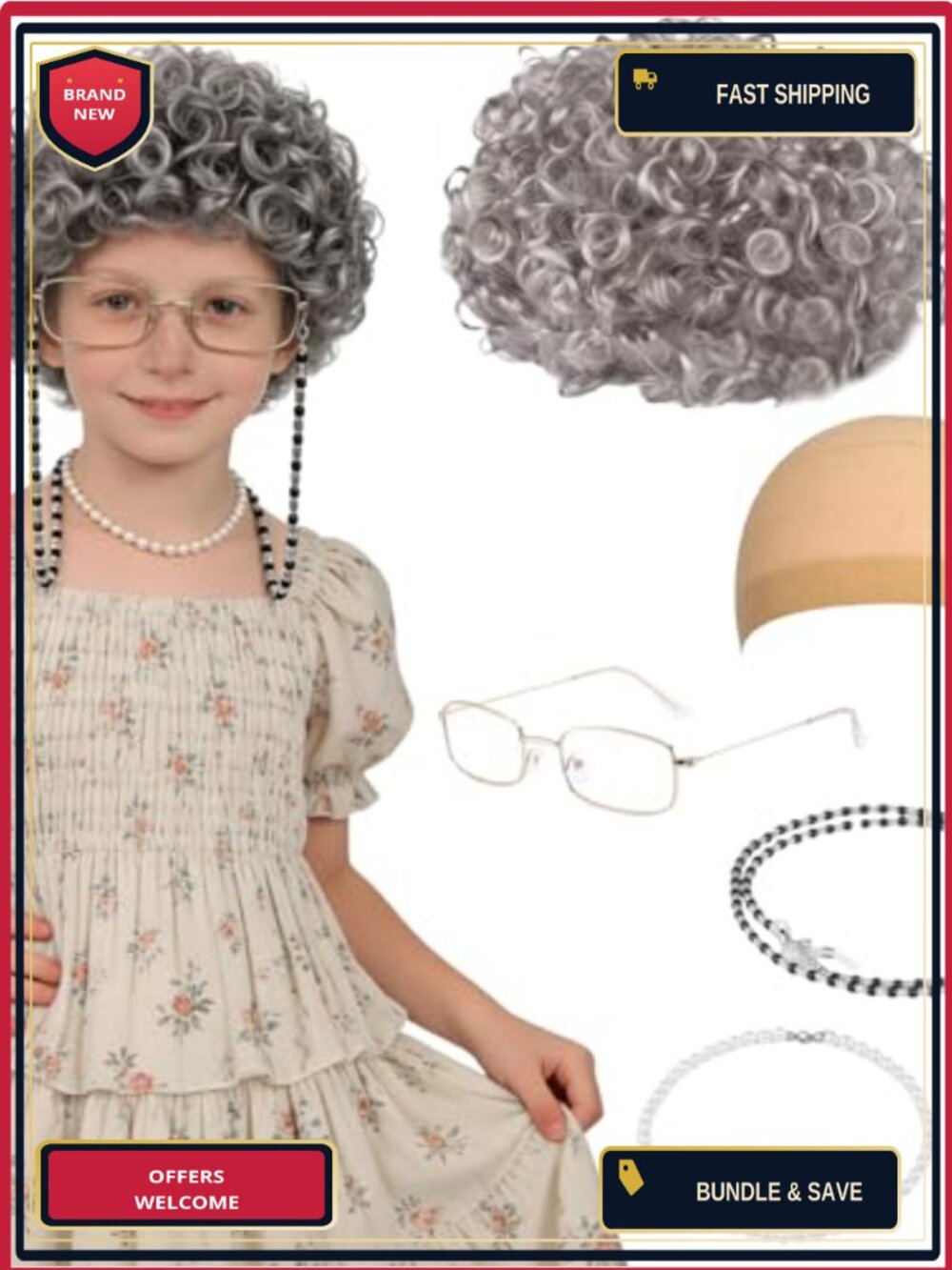 Granny Wig Set Old Lady Costume Polyester Synthetic Curly Wig Glasses Chain